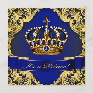 Royal Blue Gold Crown Prince Boy Baby shower Kaart