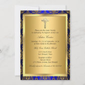 Royal Blue & Gold Damask Cross Baptism Invitation (Devant)