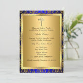 Royal Blue & Gold Damask Cross Baptism Invitation (Debout devant)