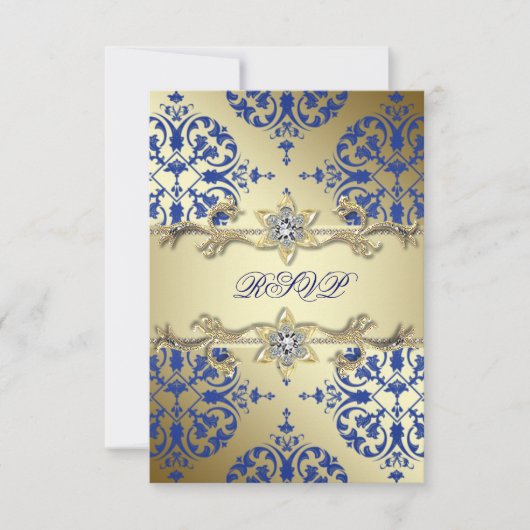 Royal Blue Gold Damask RSVP Kaartje (Voorkant)