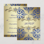 Royal Blue Gold Damask RSVP Kaartje (Voorkant / Achterkant)