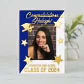 Royal Blue & Gold Diagonal Afstuderen Gold Folie Uitnodiging (Staand Voorkant)