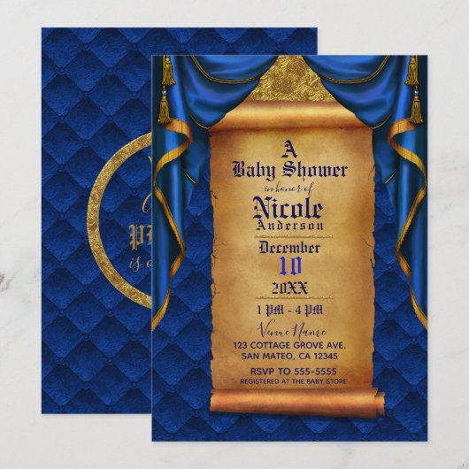 Royal Blue & Gold Drapes Scroll Baby shower Kaart (Voorkant / Achterkant)