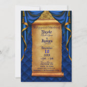 Royal Blue & Gold Drapes Scroll Engagement Party Kaart (Voorkant)