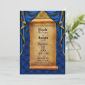 Royal Blue & Gold Drapes Scroll Engagement Party Kaart (Staand voorkant)