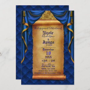 Royal Blue & Gold Drapes Scroll Engagement Party Kaart