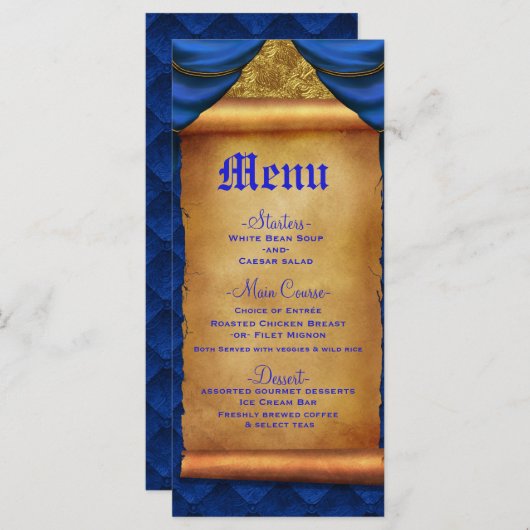 Royal Blue Gold Drapes Scroll Menu Mariage (Devant / Derrière)