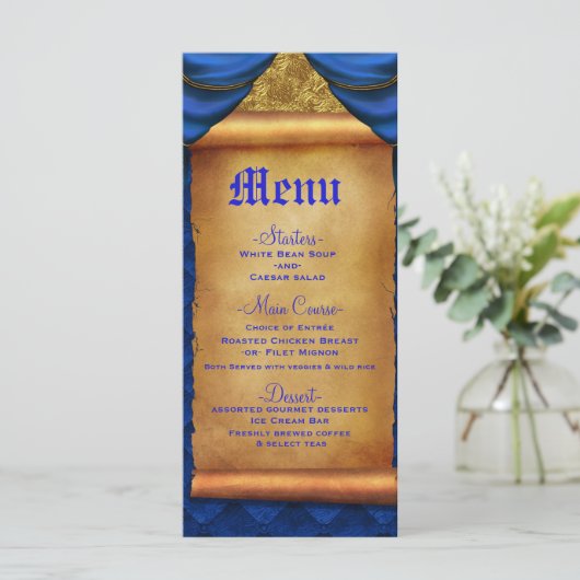 Royal Blue Gold Drapes Scroll Menu Mariage (Debout devant)