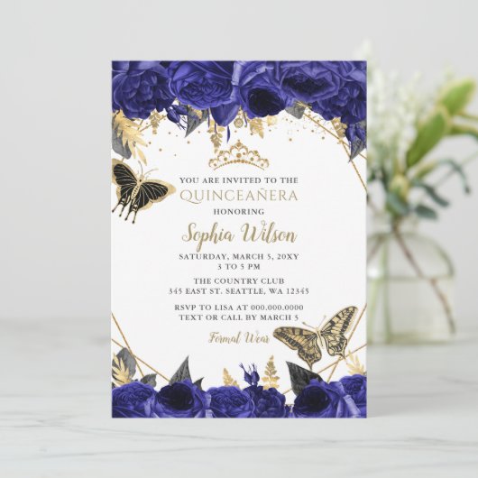 Royal Blue Gold Floral Butterfly Quinceañera Kaart (Staand voorkant)