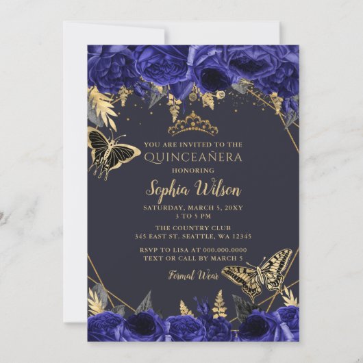 Royal Blue Gold Floral Butterfly Quinceañera Kaart (Voorkant)
