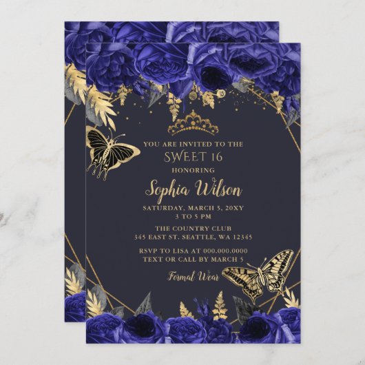 Royal Blue Gold Floral Butterfly Sweet 16 Kaart (Voorkant / Achterkant)