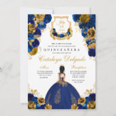 Royal Blue & Gold Floral Elegant Quinceañera Kaart (Voorkant)