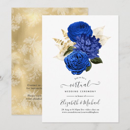 Royal Blue & Gold Floral en Lace Virtual Wedding Kaart (Voorkant / Achterkant)