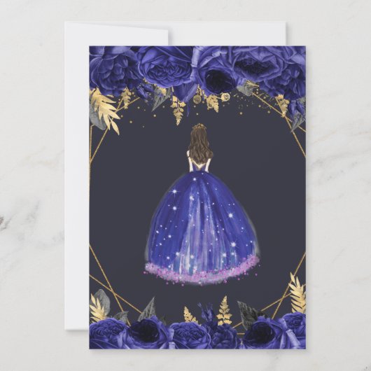 Royal Blue Gold Floral Princess Quinceañera Invita Kaart (Achterkant)