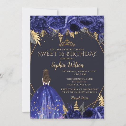 Royal Blue Gold Floral Princess Sweet 16 Kaart (Voorkant)