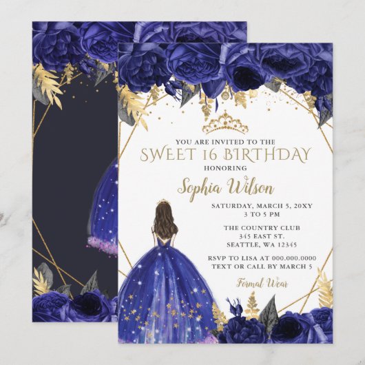 Royal Blue Gold Floral Princess Sweet 16 Kaart (Voorkant / Achterkant)