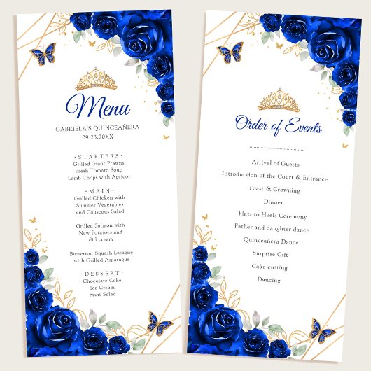 Royal Blue Gold Floral Quinceanera Programme Menu