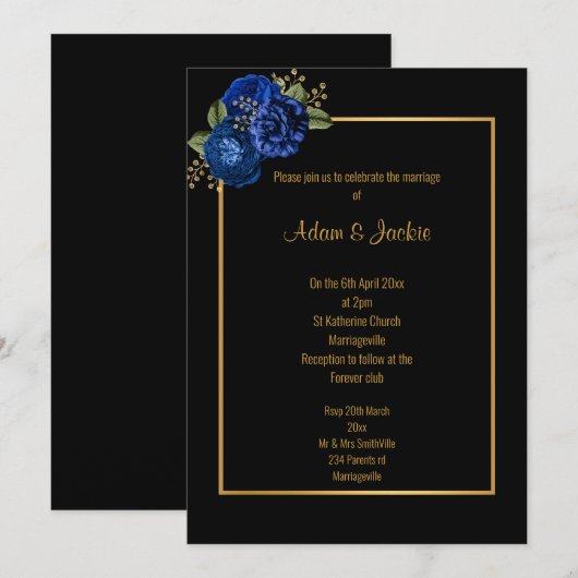 ROYAL BLUE GOLD FLORAL WEDDING INVITATION KAART (Voorkant / Achterkant)