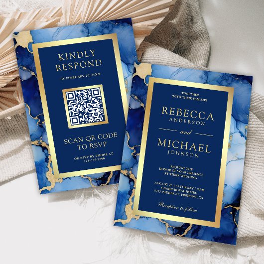 Royal Blue Gold Fluid Ink QR Code Wedding Kaart