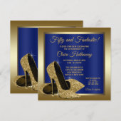 Royal Blue Gold High Heels Verjaardagsfeest Kaart (Voorkant / Achterkant)