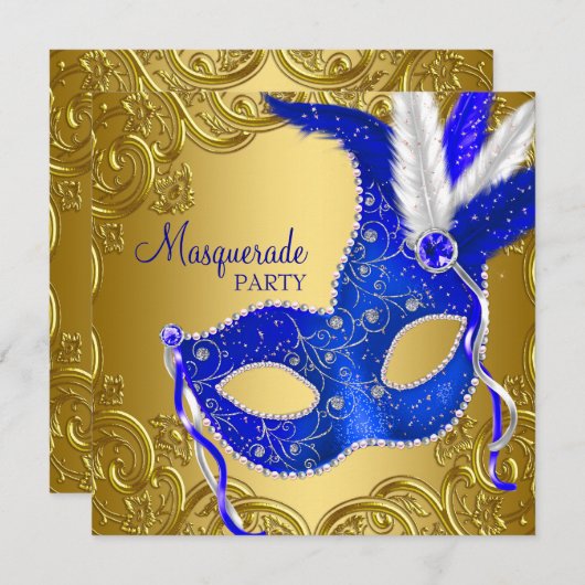 Royal Blue & Gold Masquerade Party Kaart (Voorkant / Achterkant)