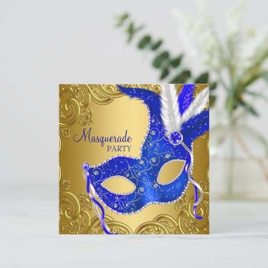Royal Blue & Gold Masquerade Party Kaart (Staand voorkant)