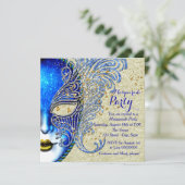 Royal Blue & Gold Masquerade Party Kaart (Staand voorkant)