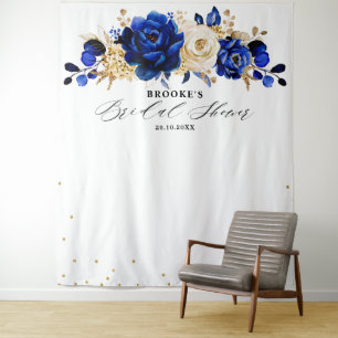 Royal Blue Gold Metallic Floral Vrijgezellenfeest Wandkleed