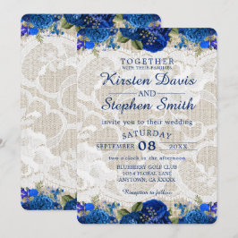 Royal Blue Gold Navy Floral Lace Rustic Wedding Kaart