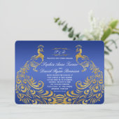 Royal Blue Gold Peacock Wedding Uitnodiging (Staand voorkant)