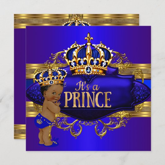 Royal Blue Gold Prince Baby shower Invitation ethn (Devant / Derrière)