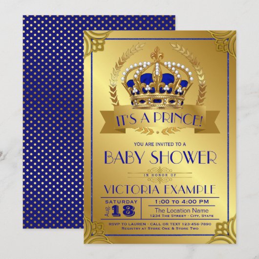 Royal Blue Gold Prince Baby Shower Invitations (Devant / Derrière)