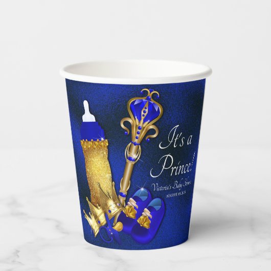 Royal Blue Gold Prince Baby shower Papieren Bekers (Achterkant)
