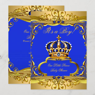 Royal Blue Gold Prince Crown Baby shower Boy Kaart