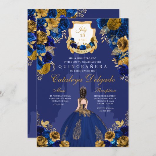 Royal Blue & Gold Princess Castle Quinceañera Kaart (Voorkant / Achterkant)