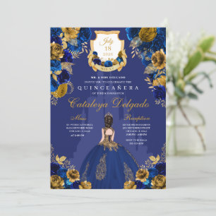 Royal Blue & Gold Princess Castle Quinceañera Kaart