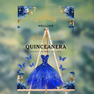 Royal Blue Gold Princess Quinceañera Welkom Acryl Bord
