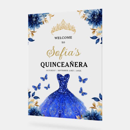 Royal Blue Gold Princess Quinceañera Welkom Acryl Bord (Hoek)