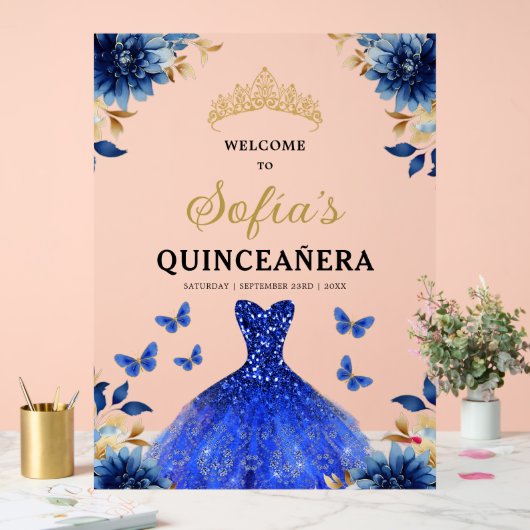 Royal Blue Gold Princess Quinceañera Welkom Acryl Bord (Huwelijk)