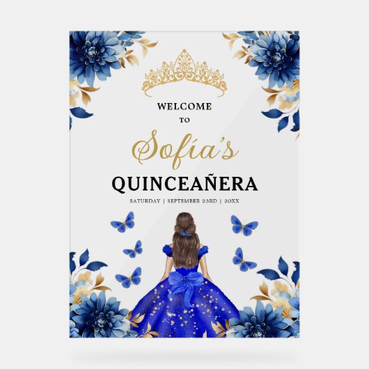 Royal Blue Gold Princess Quinceañera Welkom Acryl Bord (Voorkant)