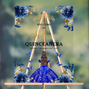 Royal Blue Gold Princess Quinceañera Welkom Acryl Bord