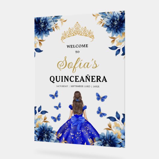 Royal Blue Gold Princess Quinceañera Welkom Acryl Bord (Hoek)