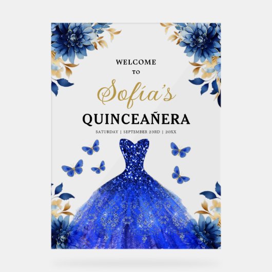 Royal Blue Gold Princess Quinceañera Welkom Acryl Bord (Voorkant)