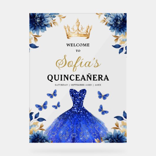 Royal Blue Gold Princess Quinceañera Welkom Acryl Bord (Voorkant)