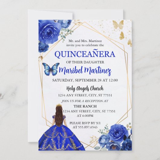 Royal Blue Gold Quinceanera Invitation d'anniversa (Devant)