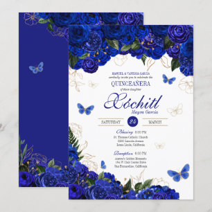 Royal Blue Gold Roos Butterfly Elegant Quinceanera Kaart