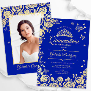 Royal Blue Gold Rozen Quinceanera Foto Kaart