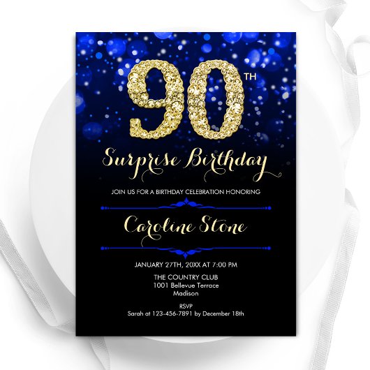 Royal Blue Gold Surprise 90th Birthday Kaart