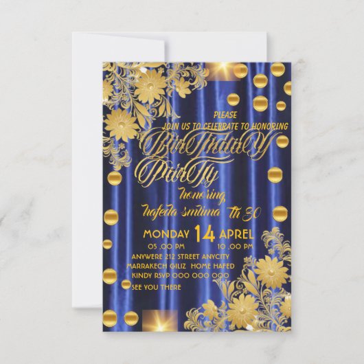 Royal Blue Gold verjaardagsfeestje uitnodiging, vr Kaart (Voorkant)
