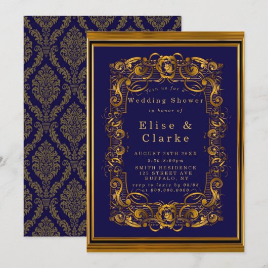 Royal Blue Gold Vourish Wedding Shower nodigt (Voorkant / Achterkant)